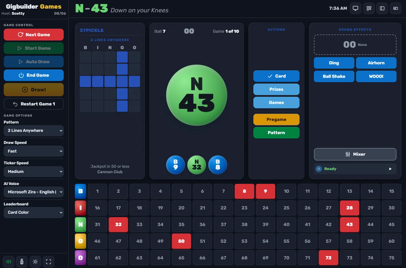 The bingo host console: game controls and the AI caller voice down the left, N 43 called in the centre with the last three balls, the 2 Lines Anywhere pattern, actions and sound effects, and the full 75-ball board below.