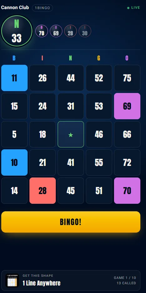 A player's bingo card on their phone at Cannon Club: N 33 just called, recent calls along the top, daubed squares and a big BINGO button.