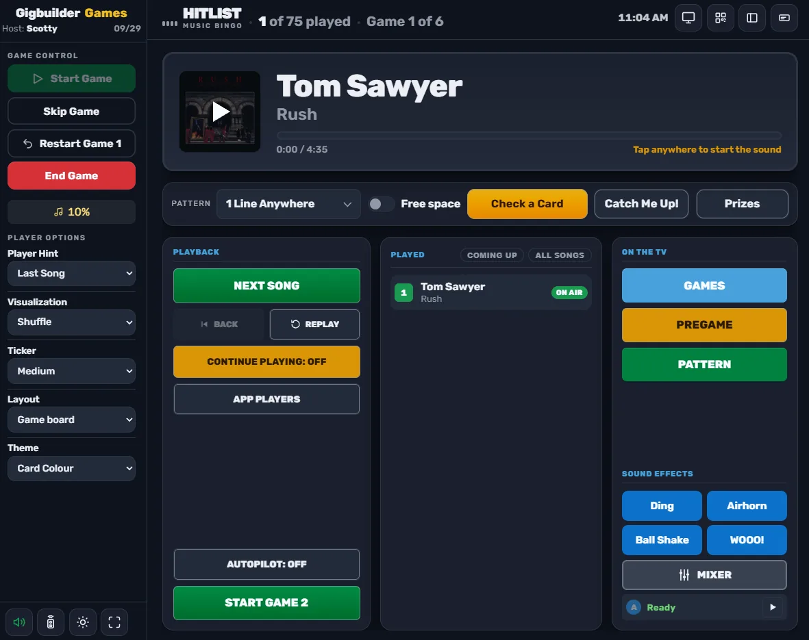 The HitList host console: Tom Sawyer by Rush now playing, Next Song and Replay, the pattern and Check a Card controls, the songs played so far, and the TV controls.
