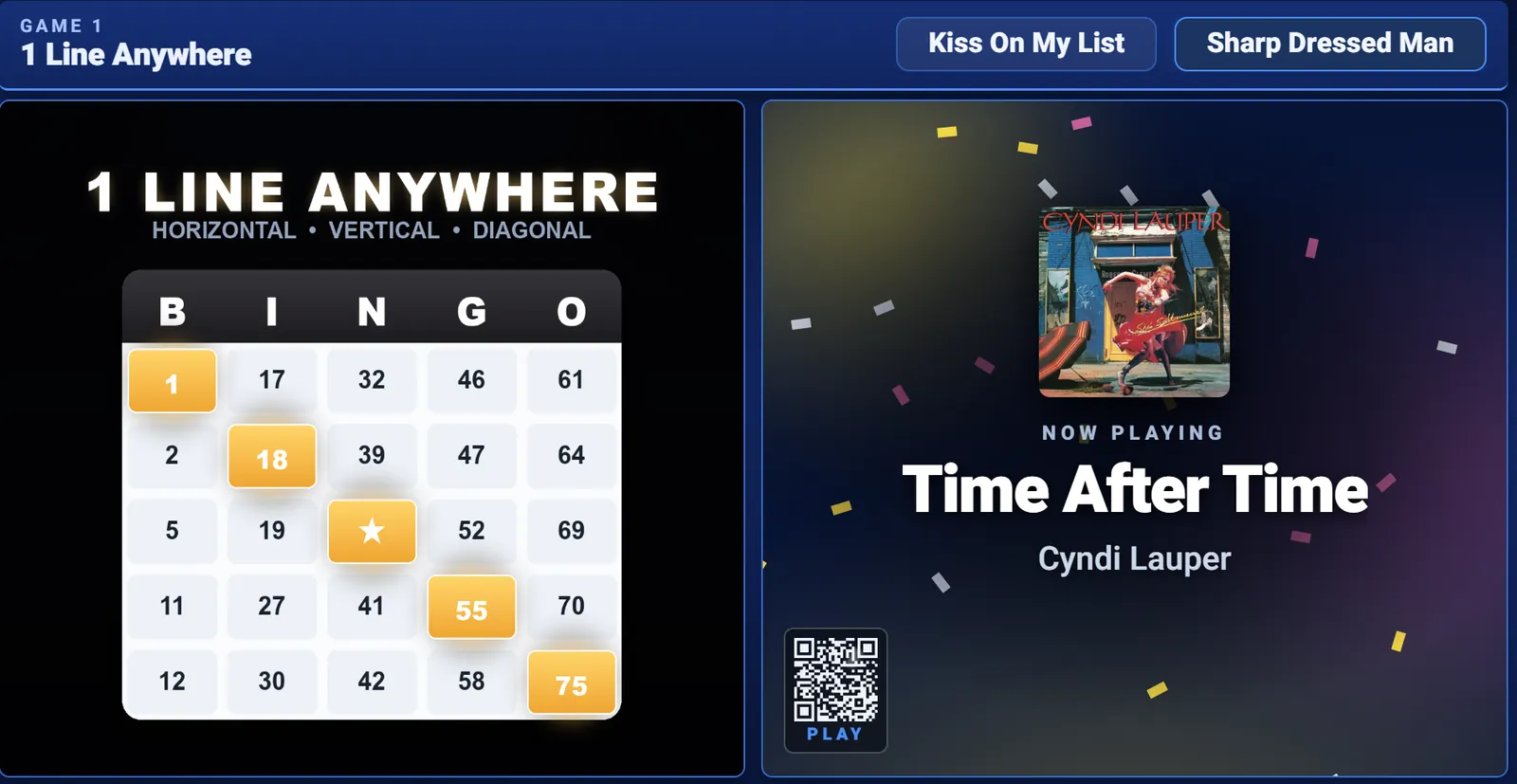 The HitList big screen: the 1 Line Anywhere board with songs marked, Time After Time by Cyndi Lauper now playing with its album art, the last songs played, and the QR code to play.