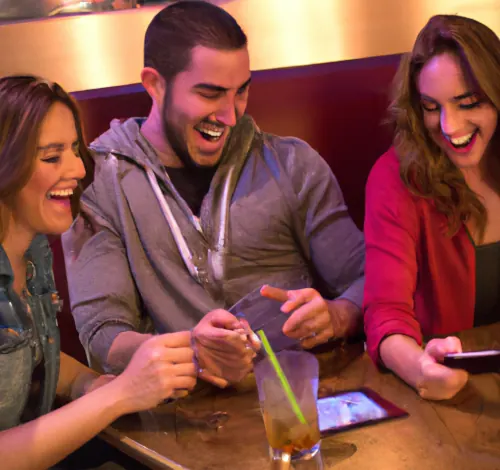 Three friends at a bar table laughing with their phones out, mid-round.