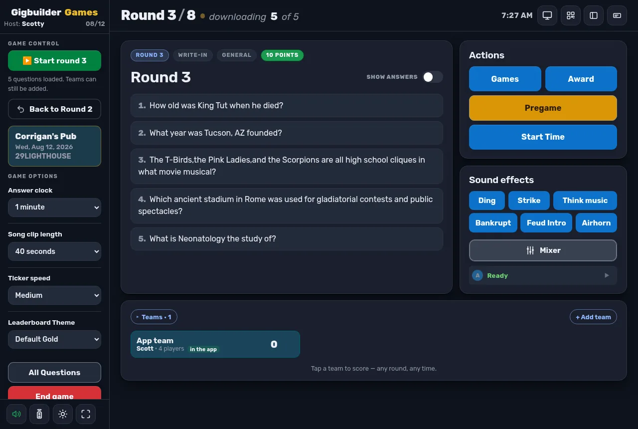 The trivia host console: Start round 3 at Corrigan's Pub, the five questions for the round, actions and sound effects on the right, and the teams with their scores below.