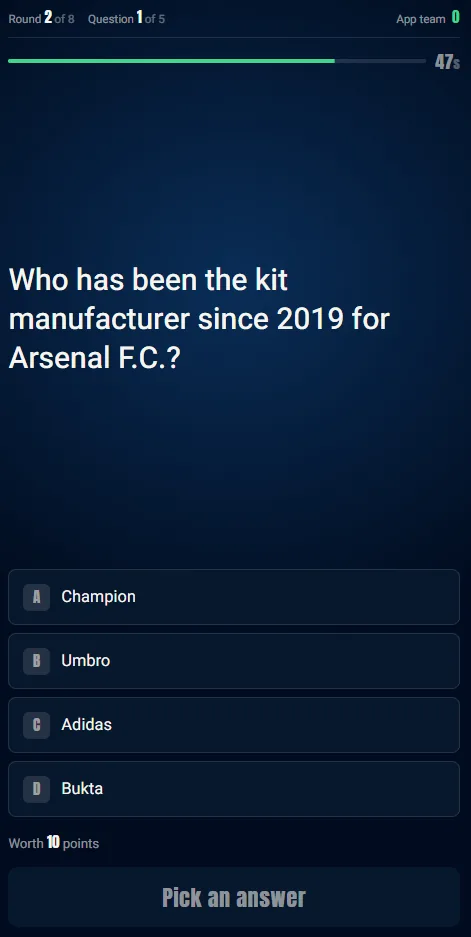 The same trivia question on a team's phone, with the four answers to tap and the time left.