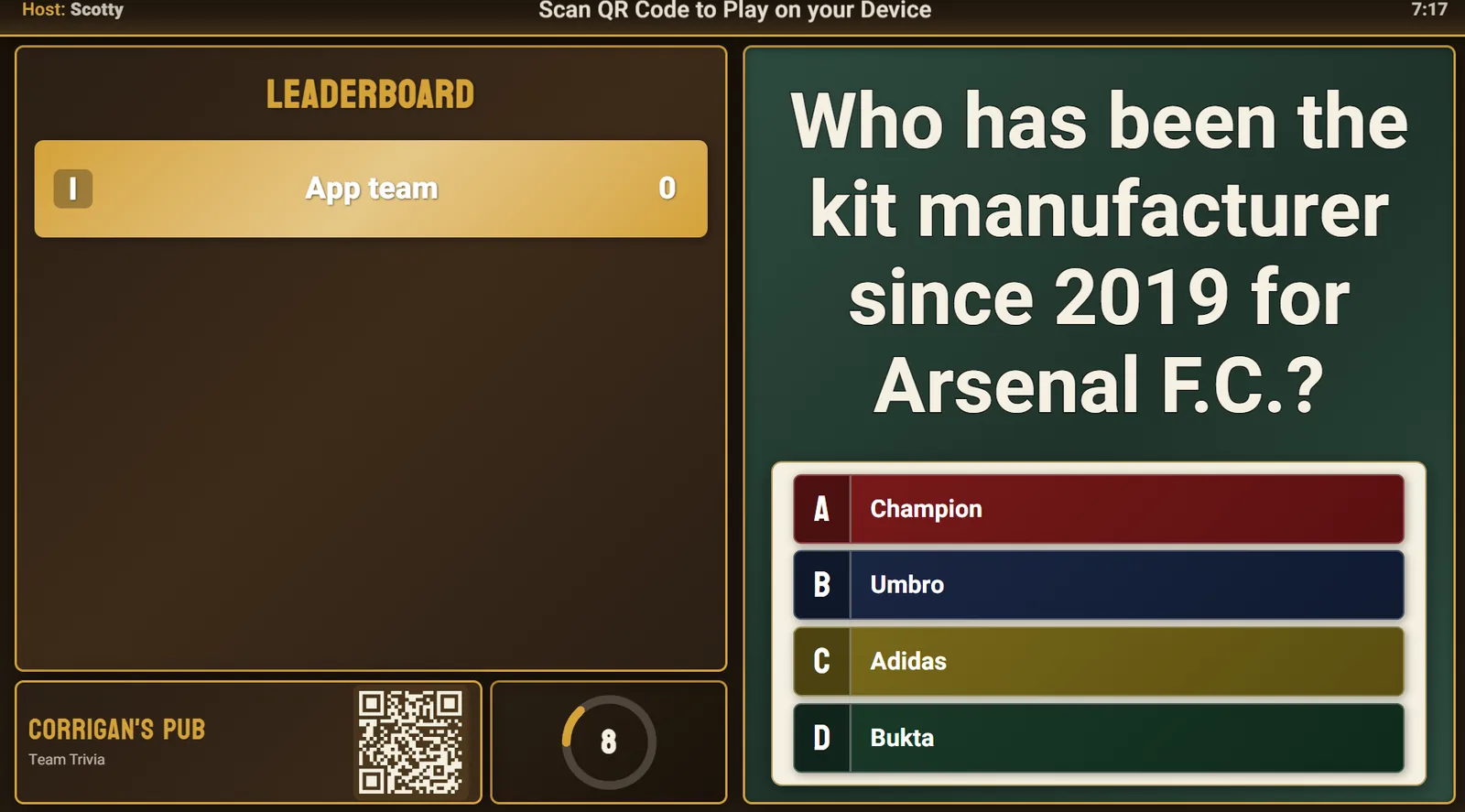 The trivia big screen at Corrigan's Pub: a multiple-choice question, four colored answers, the team leaderboard, a countdown and the QR code to join.